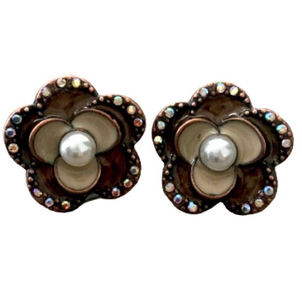 Luxurious Flower Earrings, Opulent Faux Pearls & Antique Bronze Tone, Elegant